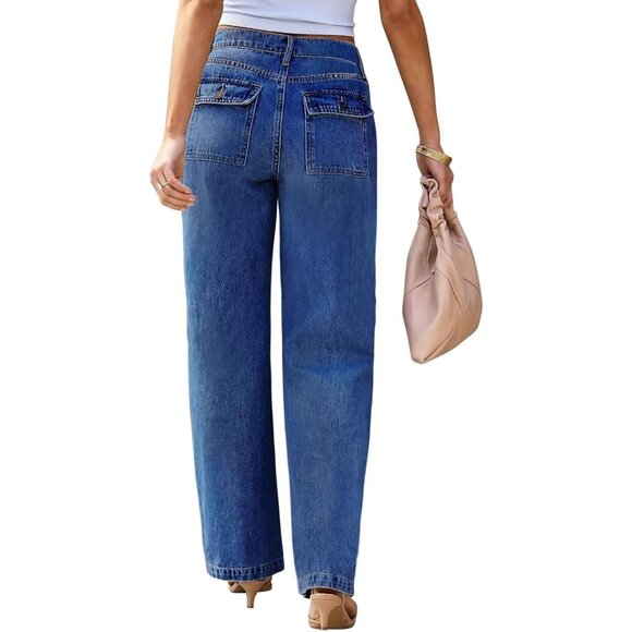 Womens Wide Leg High Waisted Jeans Cotton Polyester Spandex Casual Flap Pockets - Picture 2 of 6